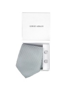 Giorgio Armani Light Grey Jacquard Silk Tie and Logo Cuff Links Set