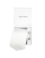 Giorgio Armani White Jacquard Silk Tie and Logo Cuff Links Set