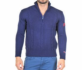 Blue wool blend zip neck cable knit