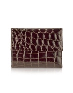 Spiga - Womenand#39;s Dark Brown Croc Stamped Calfskin Wallet