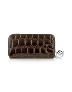 Spiga - Womenand#39;s Dark Brown Croc Stamped Calfskin Zip Wallet