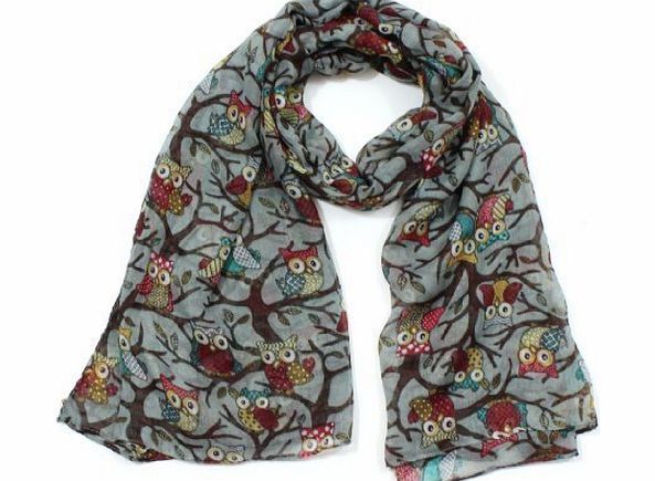 Glam Fashion Accessories Owl On a Branch Print Ladies Fashion Scarf (Grey)