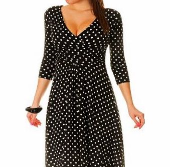 Glamour Empire Womens 3/4 Sleeve Circle Stretch Jersey Polka Dots Dress 017 (UK 6/8, Black (Large White Dots))