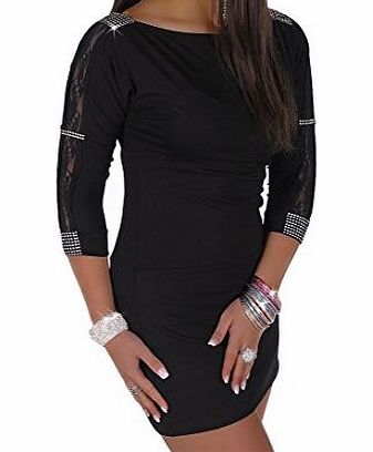 Glamour Empire Womens Bodycon Mini Dress Lace Diamante Detail Tunic 121 (Black, 10)