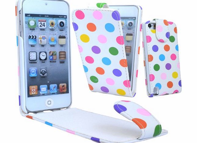 GLITZY GIZMOS MULTI COLOUR POLKA DOTS ON WHITE PU LEATHER SECURE MAGNETIC FLIP CASE COVER POUCH FOR APPLE iPOD TOUCH 5 5G 5th GENERATION 5th GEN