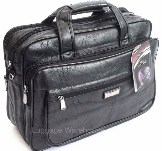 globehopper 15.6`` Black Laptop Briefcase Messenger Bag with Shoulder Strap & Carry Handles, Leather Feel