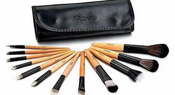12 Piece Wooden Handle Professional Makeup Brushes in Black Case