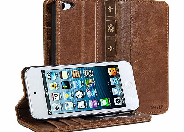 GMYLE iPod 5 Case, GMYLE Book Case Vintage for iPod Touch 5th Generation- Brown PU Leather Wallet Stand Case Cover