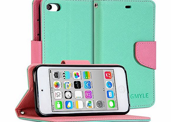 GMYLE (R) Wallet Case Classic for Ipod Touch 5th Generation - Turquoise Blue and Pink Cross Pattern PU Leather Slim Magnetic Flip Stand Cover