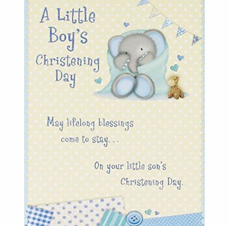 Gold Baby Boy Christening Day Greetings Card - Elephant amp; Bunting 7.5`` x 5.25`` Code 255Q