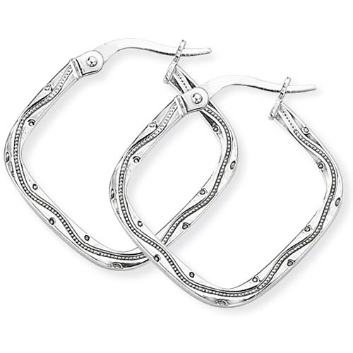Gold Essentials 25mm Engraved Fancy Square Hoop Earrings In 9 Carat White Gold