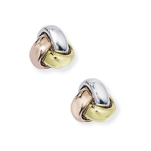 3 Tone Knot Earrings In 9 Carat Yellow White and Rose Gold