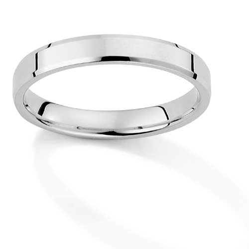 3mm Essential Flat-Court Bevelled Wedding Ring Band In 18 Carat White Gold