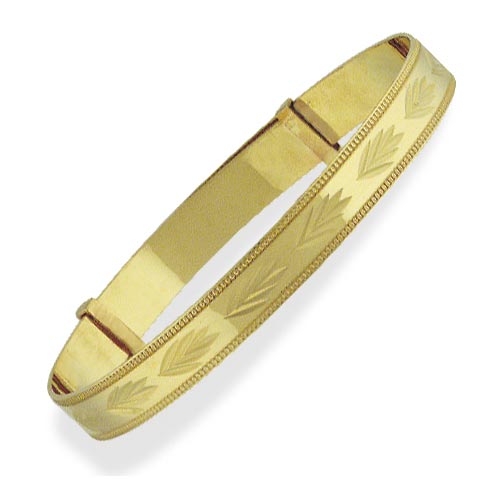 Expandable Diamond Cut Leaf Design Baby Bangle In 9 Carat Yellow Gold