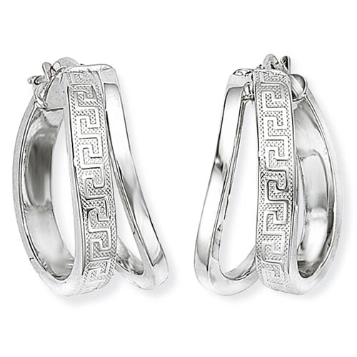 Gold Essentials Square Tube Hoop Earrings With A Greek Key Motif In 9 Carat White Gold