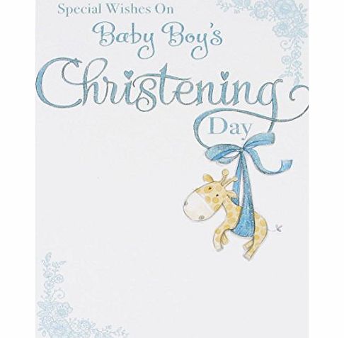 Gold  BABY BOY CHRISTENING GREETINGS CARD - GIRAFFE amp; BOW 7.5 x 5.25 Code 714C