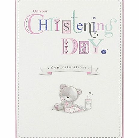 Gold  BABY GIRL CHRISTENING GREETINGS CARD - BEAR AND BOTTLE 7.5 x 5.25 Code 715C