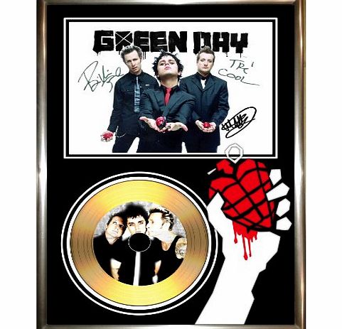 GREENDAY - SIGNED FRAMED GOLD VINYL RECORD CD & PHOTO DISPLAY green day uno dos tre american idiot