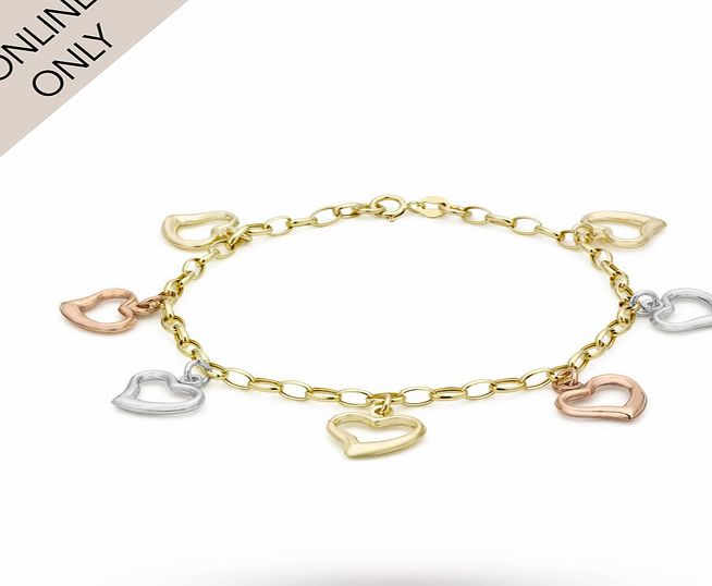 Goldsmiths 9ct Three Colour Gold Heart Charm Bracelet