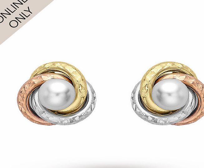 Goldsmiths 9ct Three Colour Gold Pearl Set Knot Earrings
