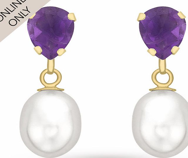 Goldsmiths 9ct Yellow Gold Amethyst and Pearl Drop Earrings
