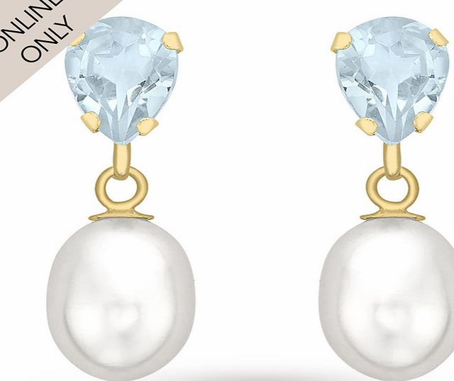 Goldsmiths 9ct Yellow Gold Blue Topaz and Pearl Drop Earrings