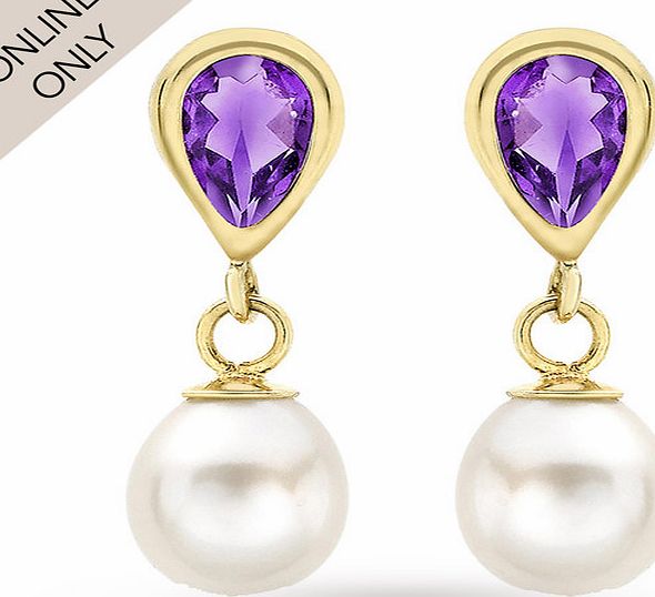 Goldsmiths 9ct Yellow Gold Pearl and Amethyst Drop Earrings