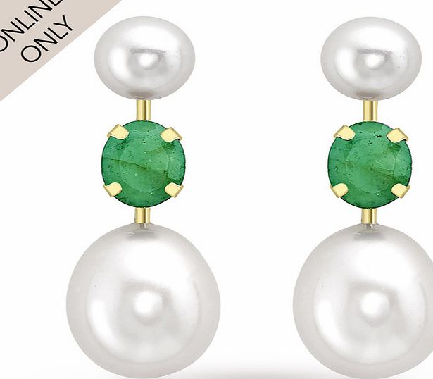 Goldsmiths 9ct Yellow Gold Pearl and Emerald Drop Earrings