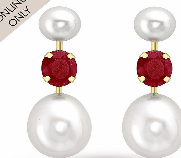 Goldsmiths 9ct Yellow Gold Pearl and Ruby Drop Earrings