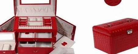 Goliton 3-layer large vintage faux leather jewellery jewelry box storage case watch box - Red