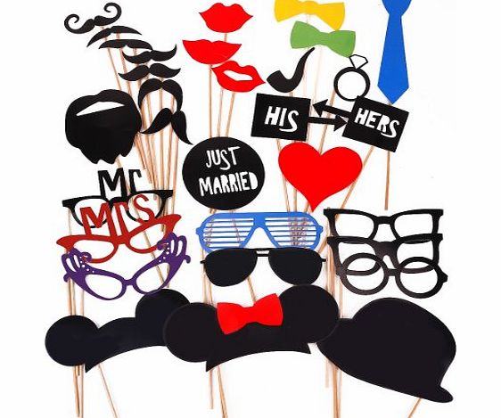 Goodefiner 31PCS Colorful Props On A Stick Mustache Photo Booth Party Fun Wedding Christmas Birthday Favor