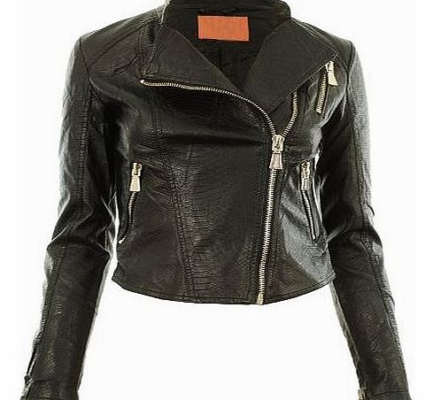 Gracious Girl Black Snake UK 14 - Diana New Womens Faux Leather Biker Gold Button Zip Crop Ladies Jacket Coat