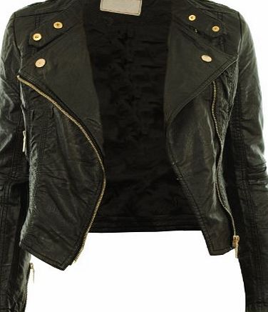 Black UK 12 - Diana New Womens Faux Leather Biker Gold Button Zip Crop Ladies Jacket Coat