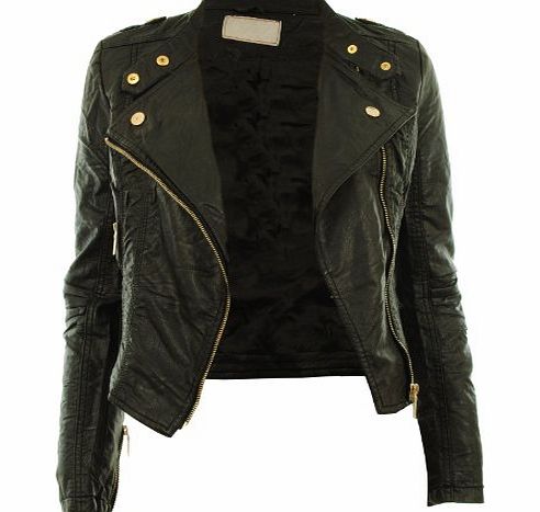 Gracious Girl Black UK 14 - Diana New Womens Faux Leather Biker Gold Button Zip Crop Ladies Jacket Coat
