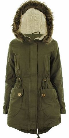 Khaki-Cream UK 10 - Montana New Womens Quilted Military Parka Furs Fur Trim Faux Sheepskin Lined Hood Ladies Jacket Coat