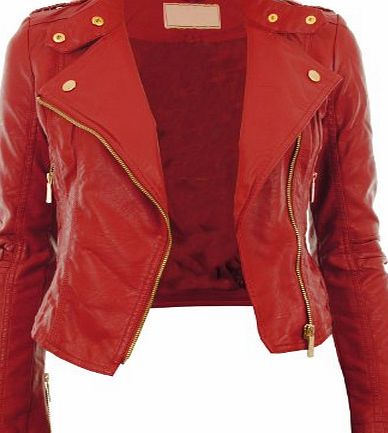 Gracious Girl Red UK 14 - Diana New Womens Faux Leather Biker Gold Button Zip Crop Ladies Jacket Coat