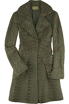 Olive wool and leather blend woven detail fitted frock coat with long sleeves.