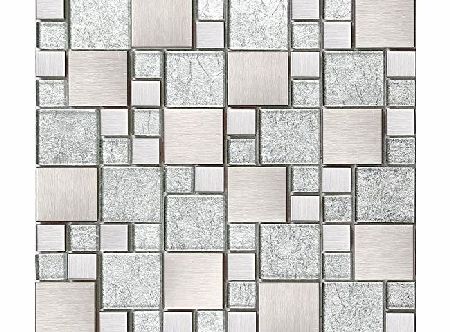 Grand Taps Silver Glass amp; Brushed Stainless Steel Mosaic Tiles Random Modular Sheet MT0048