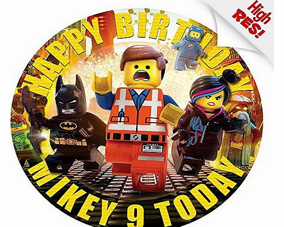 Graphic Flavour Lego Movie Cake Topper 7.5`` Inch PERSONALISED Edible on Icing Sheet with HIGH RESOLUTION BACKGROUND IMAGE