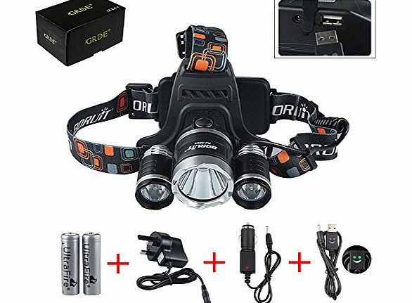 GRDE LED Headlamp Torch Flashlight 5000Lm Linum Super Bright 4Modes 3 x CREE XM-L T6 L2 Headlight Bicycle Light for Camping, Fishing, Hiking, Hunting (Headlamp   Charger   USB Cable   2* 18650 Batter