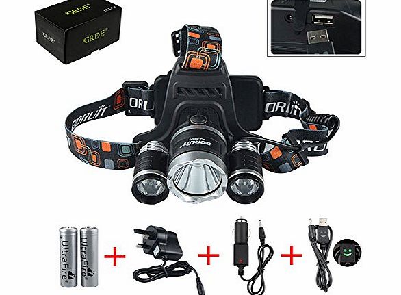 GRDE LED Headlamp Torch Flashlight 5000Lm Linum Super Bright 4Modes 3 x CREE XM-L T6 L2 Headlight Bicycle Light for Camping, Fishing, Hiking, Hunting (Headlamp   Charger   USB Cable   2* 18650 Batter