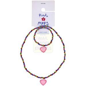 Pink Poppy Heart Necklace And Bracelet Set