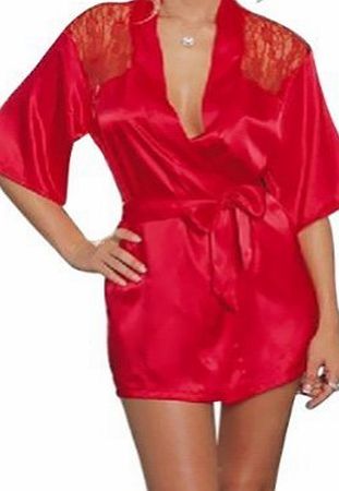 New Women Ladys Sexy Babydoll Chemise Sleepwear Night Gown Dress Nightwear Satin Lace Back Lingerie Robes Nightshirt with Belt--Red(UK Size 10-12)