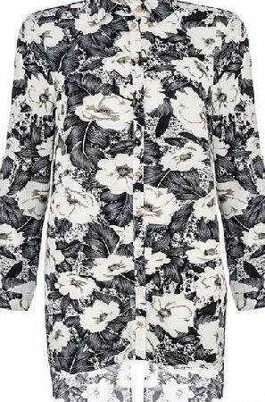 Grey Floral Print Split Back Long Blouse