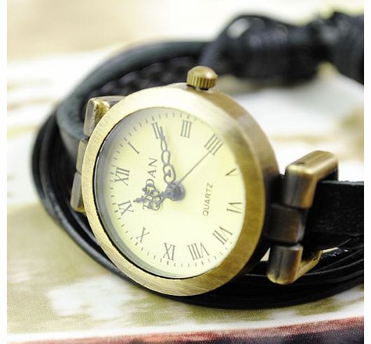 Genuine Vintage Leather Band Cuff Women Bracelet Wrist Quartz Watch Ladies Black