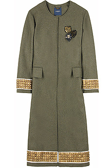 Olive collarless wool blend military style coat with removable military pin badges.