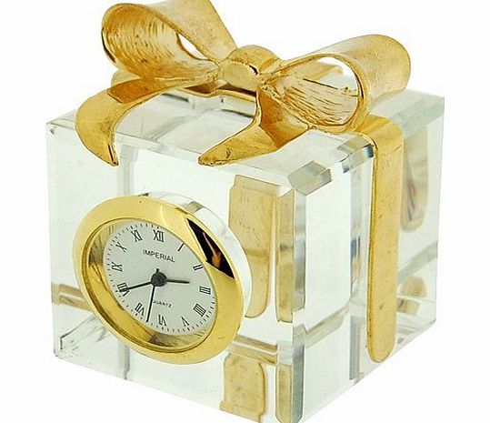 Miniature Gold Plated Crystal Gift Box amp; Bow Novelty Collectors Clock IMP507