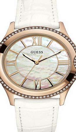 Guess Ladies Gold Tone White Leather Strap Watch W10267L1