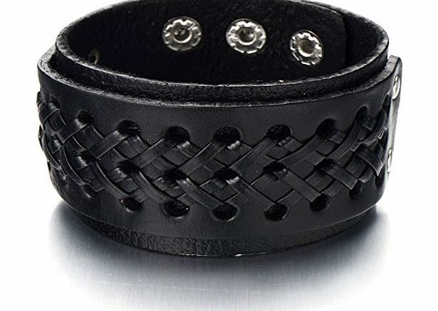 H C Braided Mens Wide Black Leather Bracelet Genuine Leather Wristband Bangle Bracelet with Snap Buttons