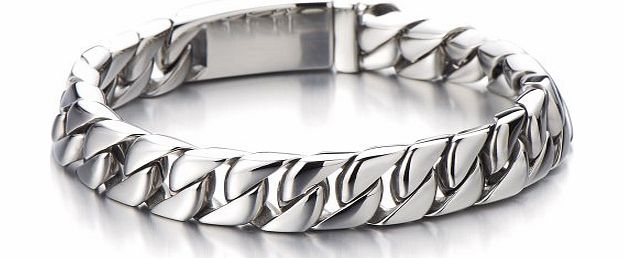 H C Chunky Heavy Mens Stainless Steel Curb Chain Bracelet in Silver Color 8.7 Inches High Polished with Beautiful Shine